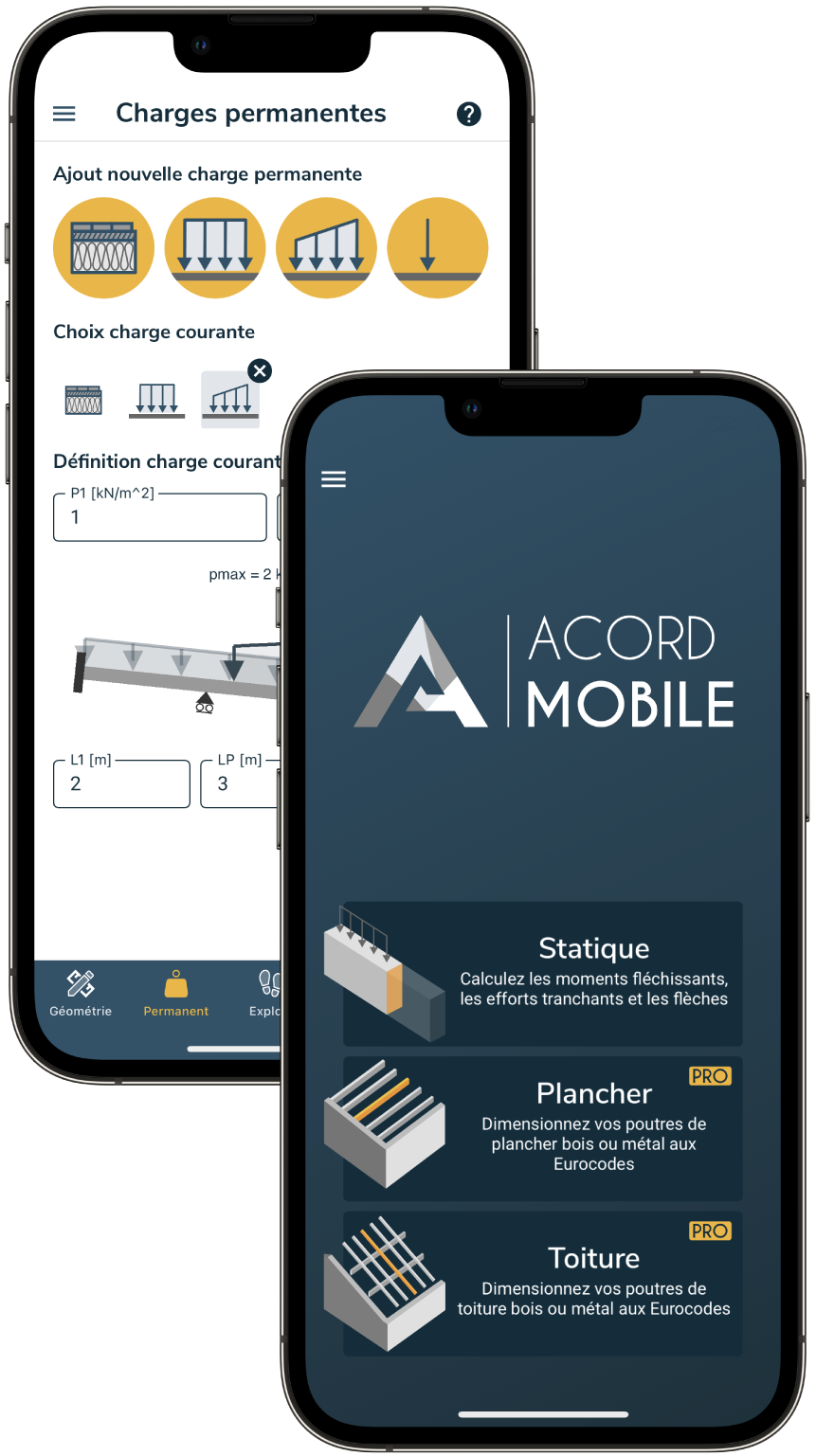 Captures d'écran ACORD Mobile de la page principale et de l'onglet des charges permanentes